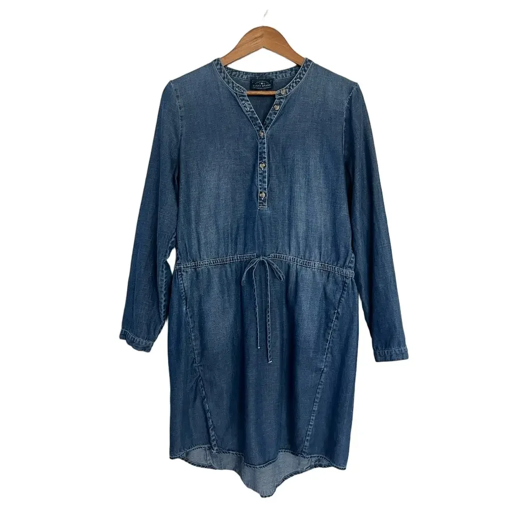 Lucky Brand Tencel Denim Henley Tie Waist Shirt Dress Size L